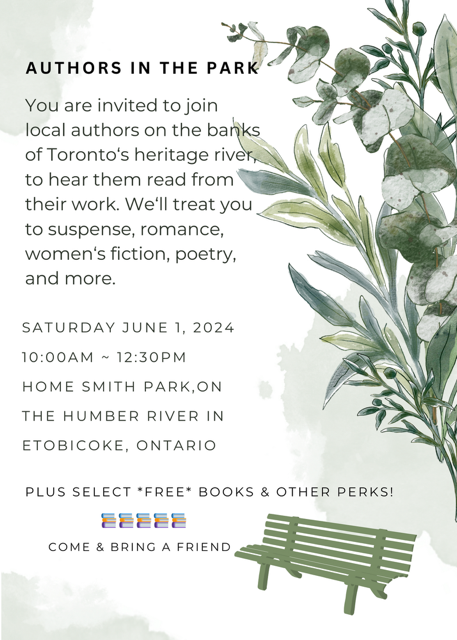 An invitation with black text on white background and an olive green floral image is to the right of the page. An olive green park bench is at the bottom, and small images of books are at the bottom center of the page.