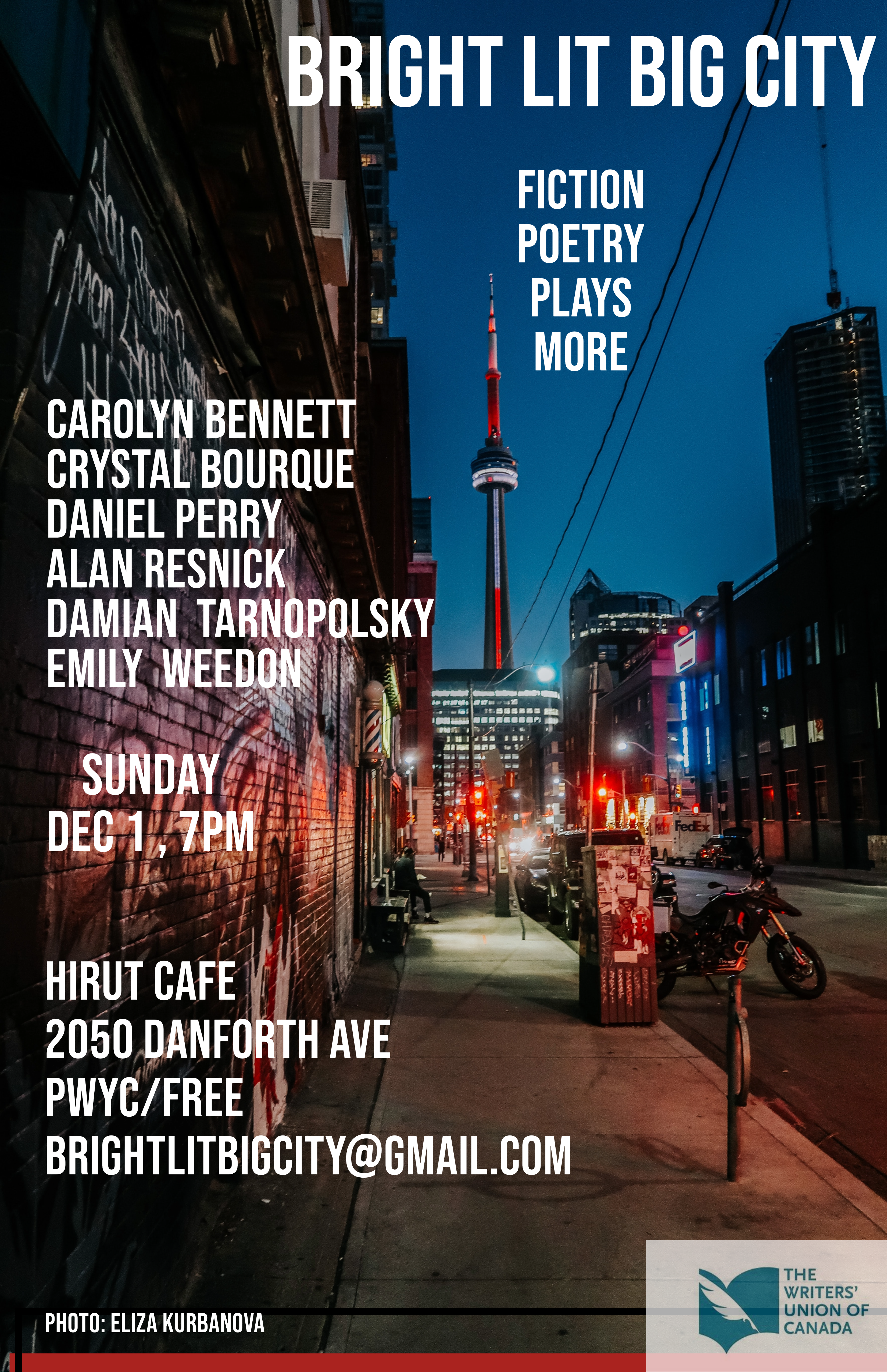 Photo of Toronto cityscape. Literary Reading Series, Sunday December 1, 2024, 7pm