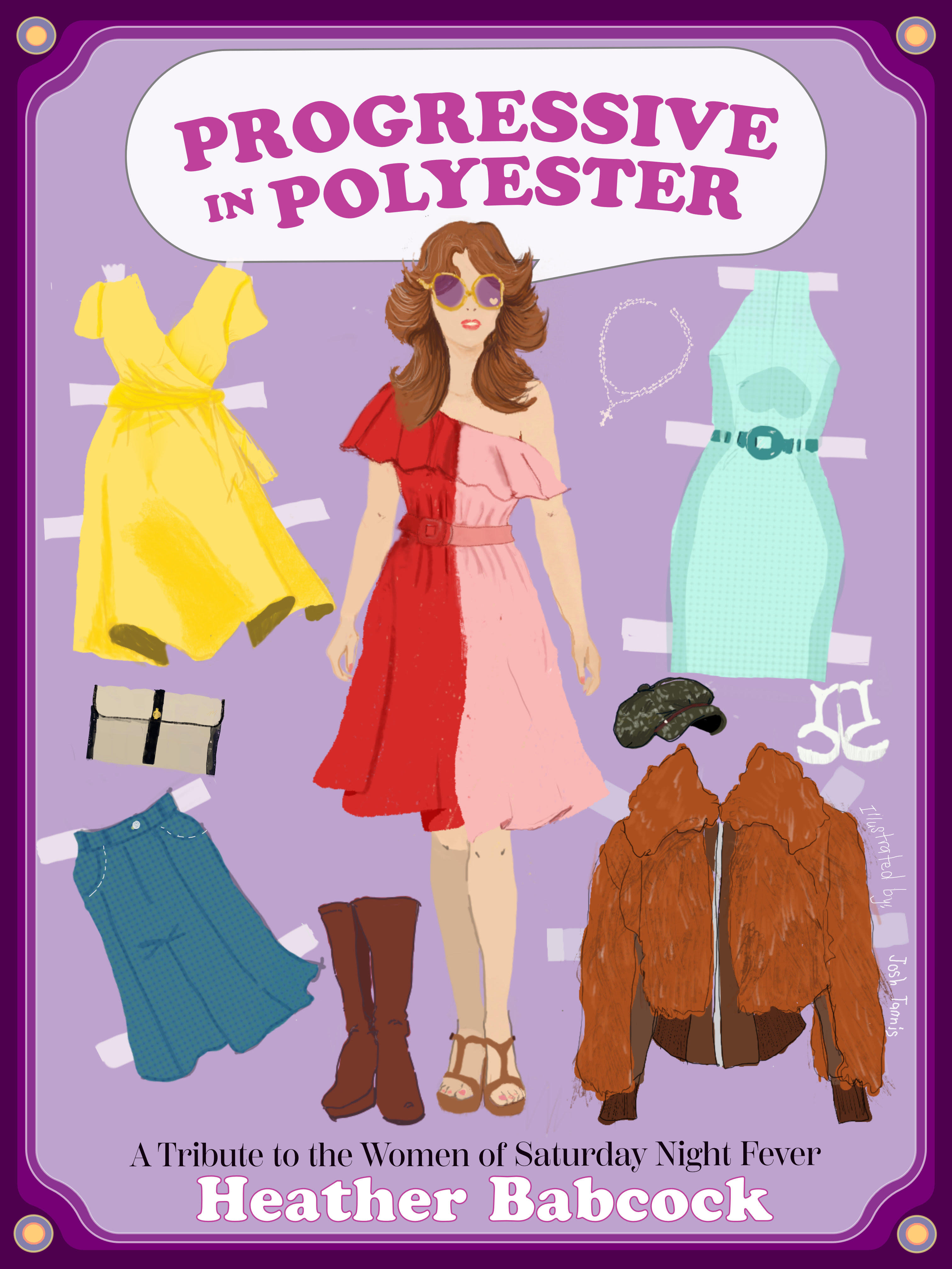 Book cover art for Progressive in Polyester featuring a woman in a feathery hairdo in a two-toned disco dress