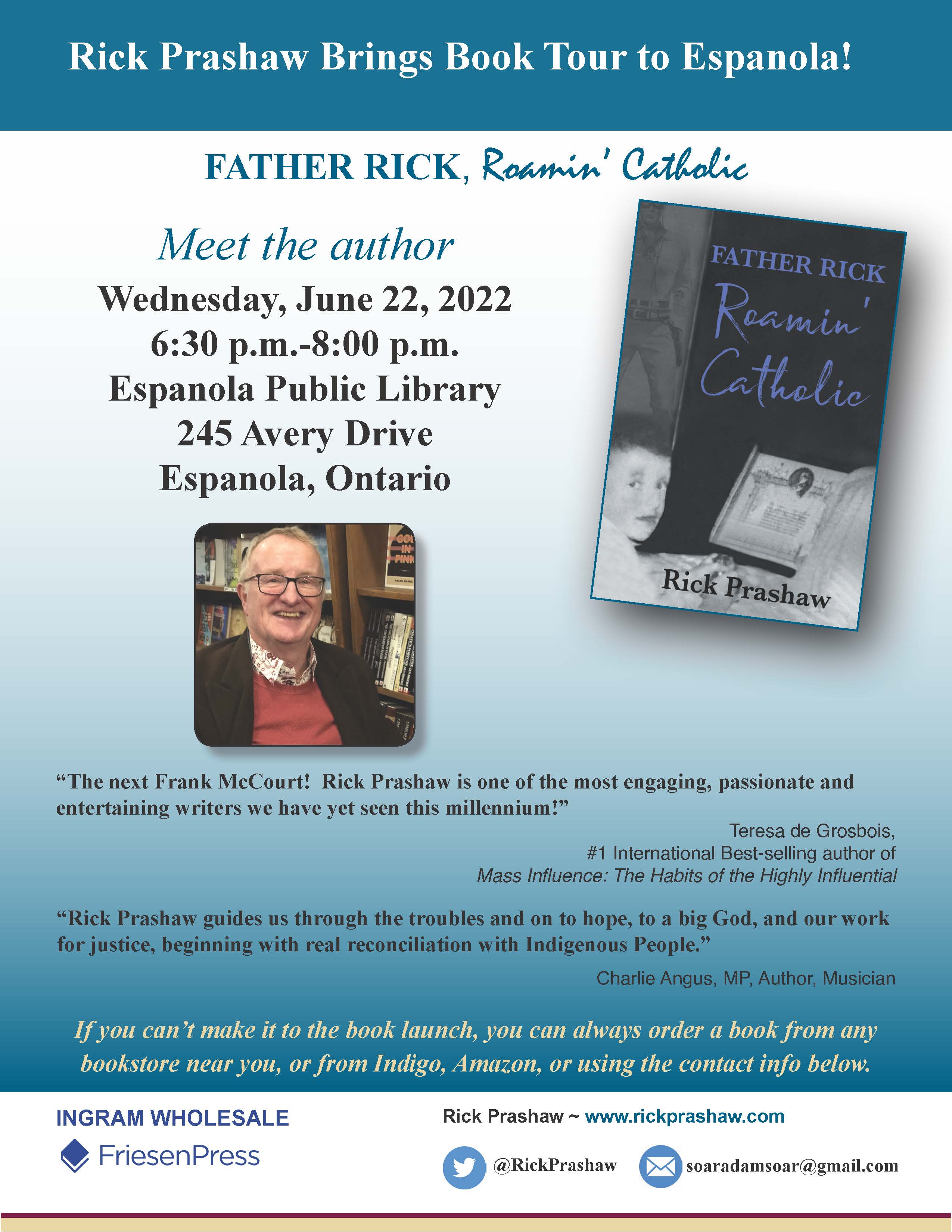 Flyer for Espanola Father Rick Roamin' Catholic reading May 30 2022