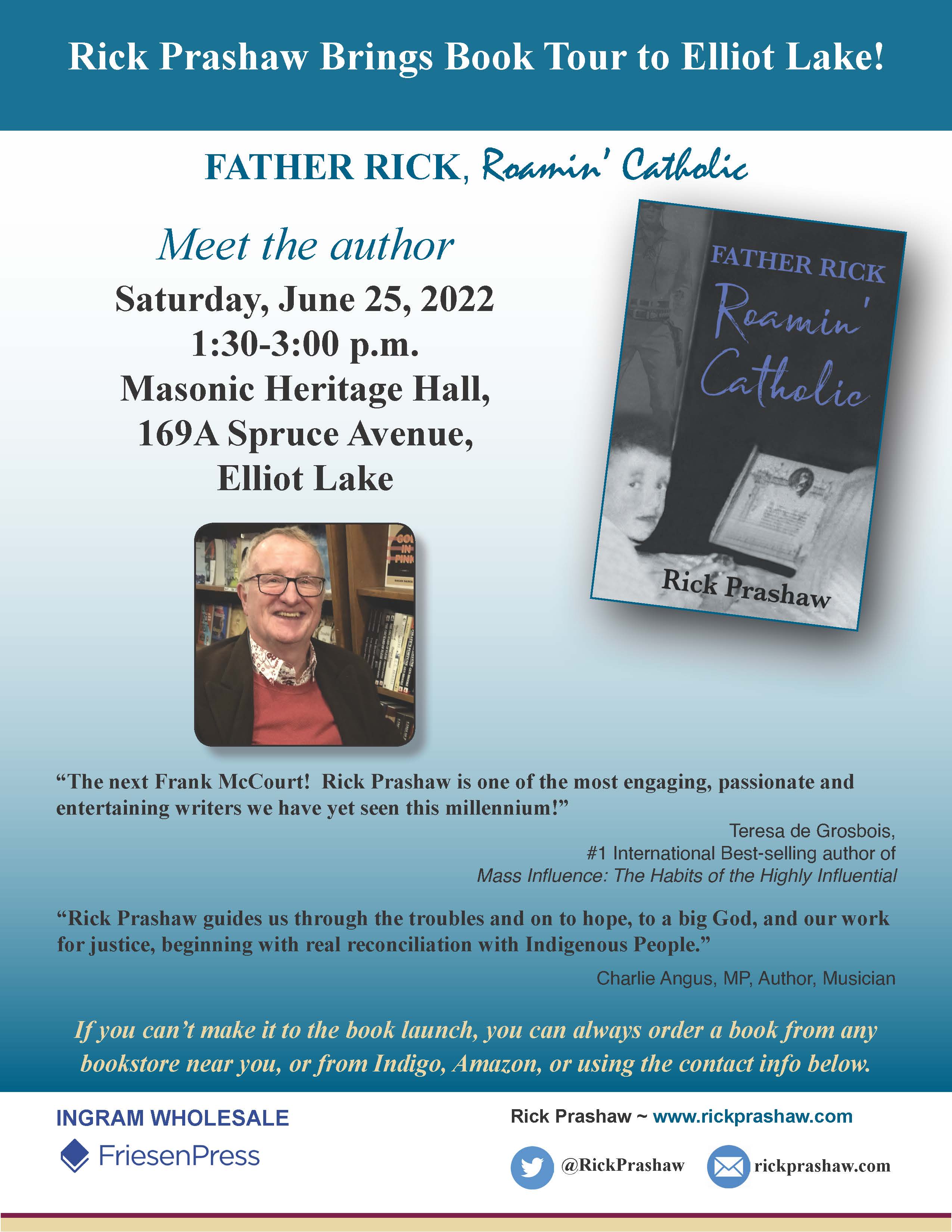 Flyer for Elliot Lake Father Rick Roamin' Catholic reading May 30 2022