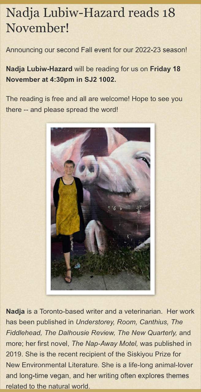 Description of event as well as a photo of the author, standing in front of wall with pig graffiti on it 