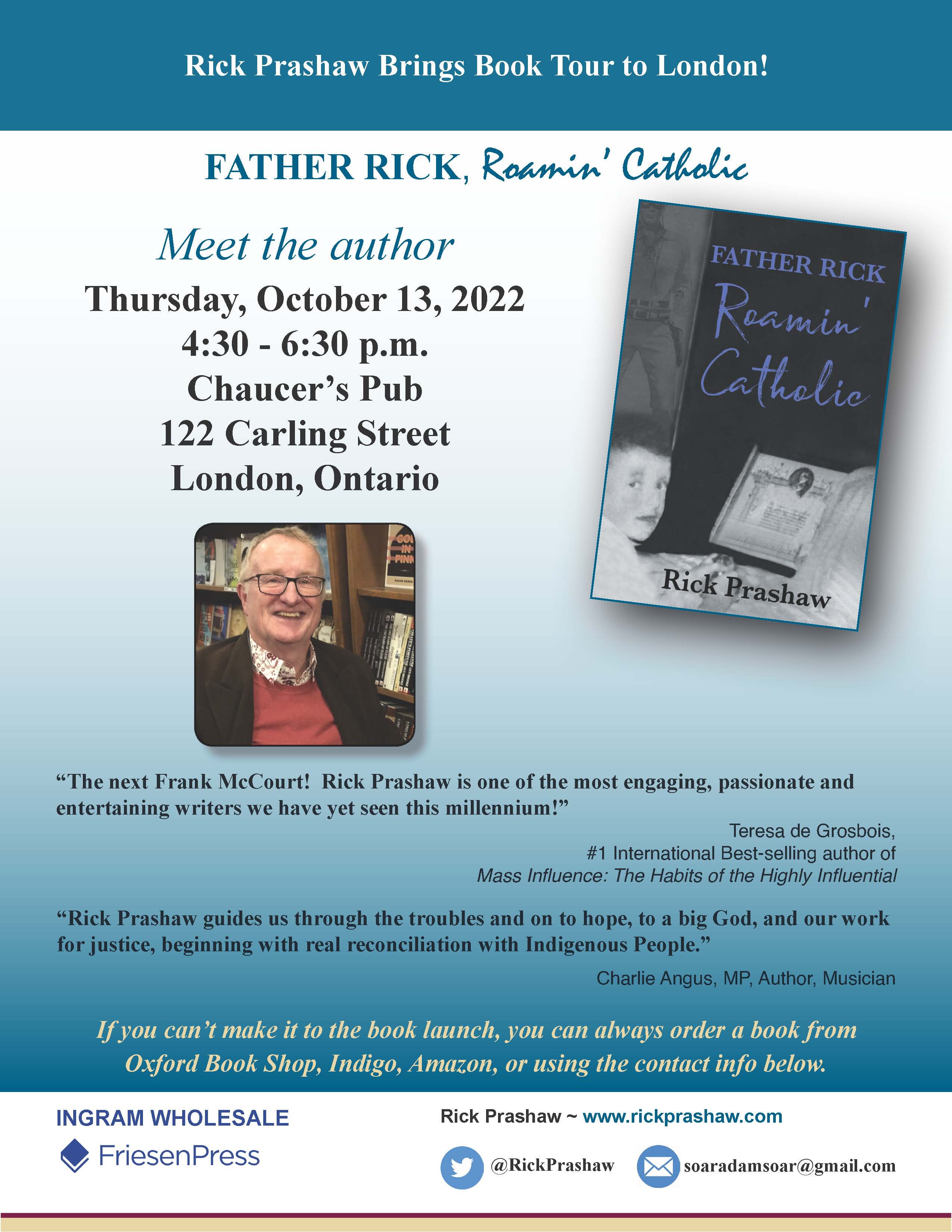 Flyer for Author Rick Prashaw book event in London, ON. at Chaucer's Pub