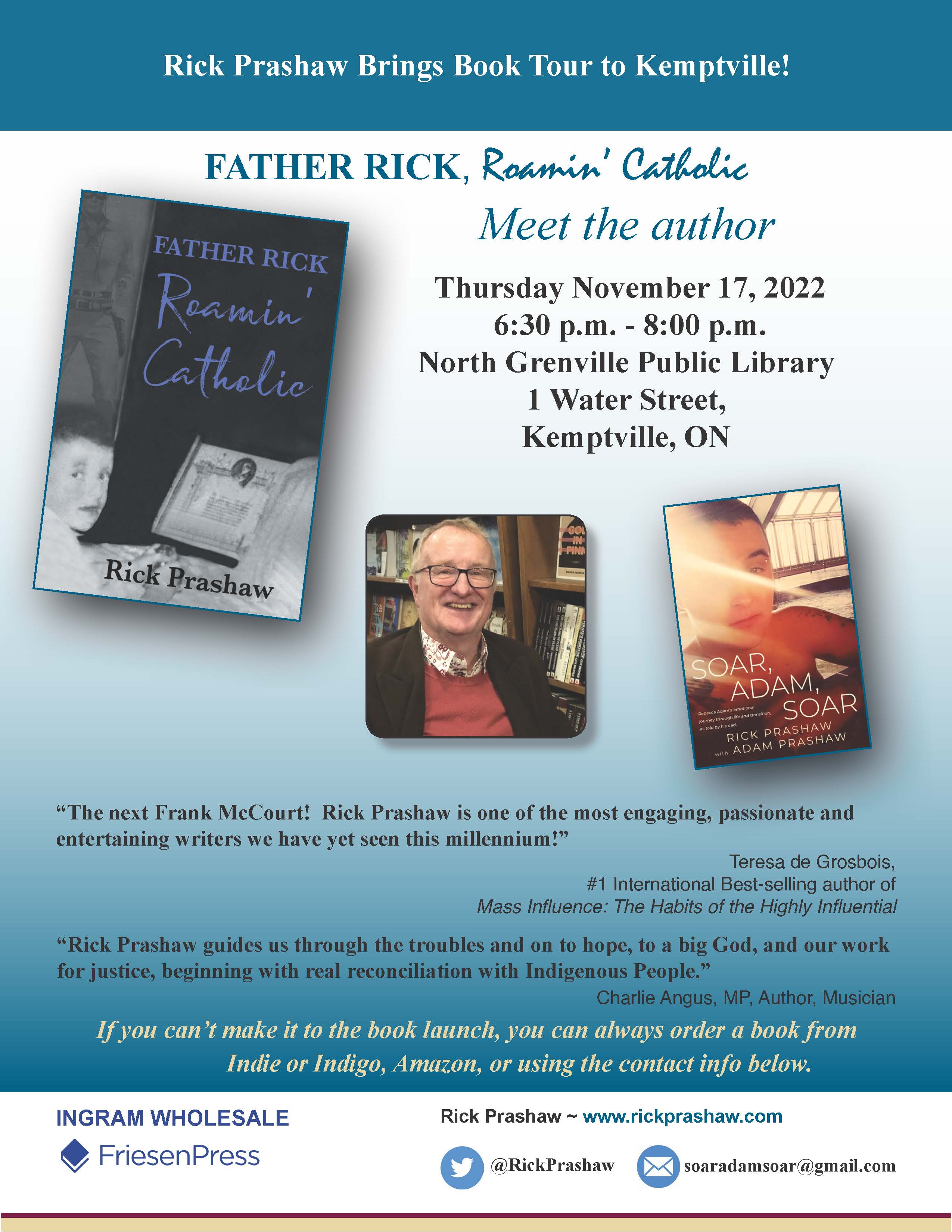 Flyer with cover of my two memoirs, Father Rick Roamin' Catholic aqnd Soar, Adam, Soar fr Kemptville reading Nov. 17