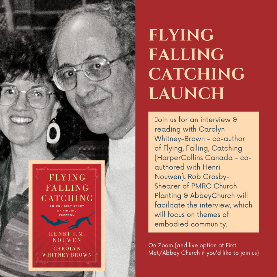 Red book cover with trapeze artists alongside photo of co-authors Carolyn Whitney-Brown and Henri Nouwen