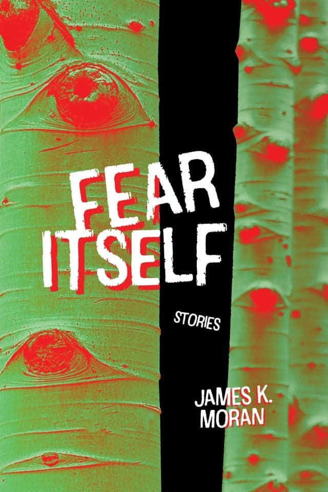 Cover of Fear Itself. "Fear Itself" in a white font, with the word "Fear" titled slightly. Green background that resembles a tree trunk with red, amorphous shapes that could be knots, or creatures. A black vertical stripe stands just off-centre..