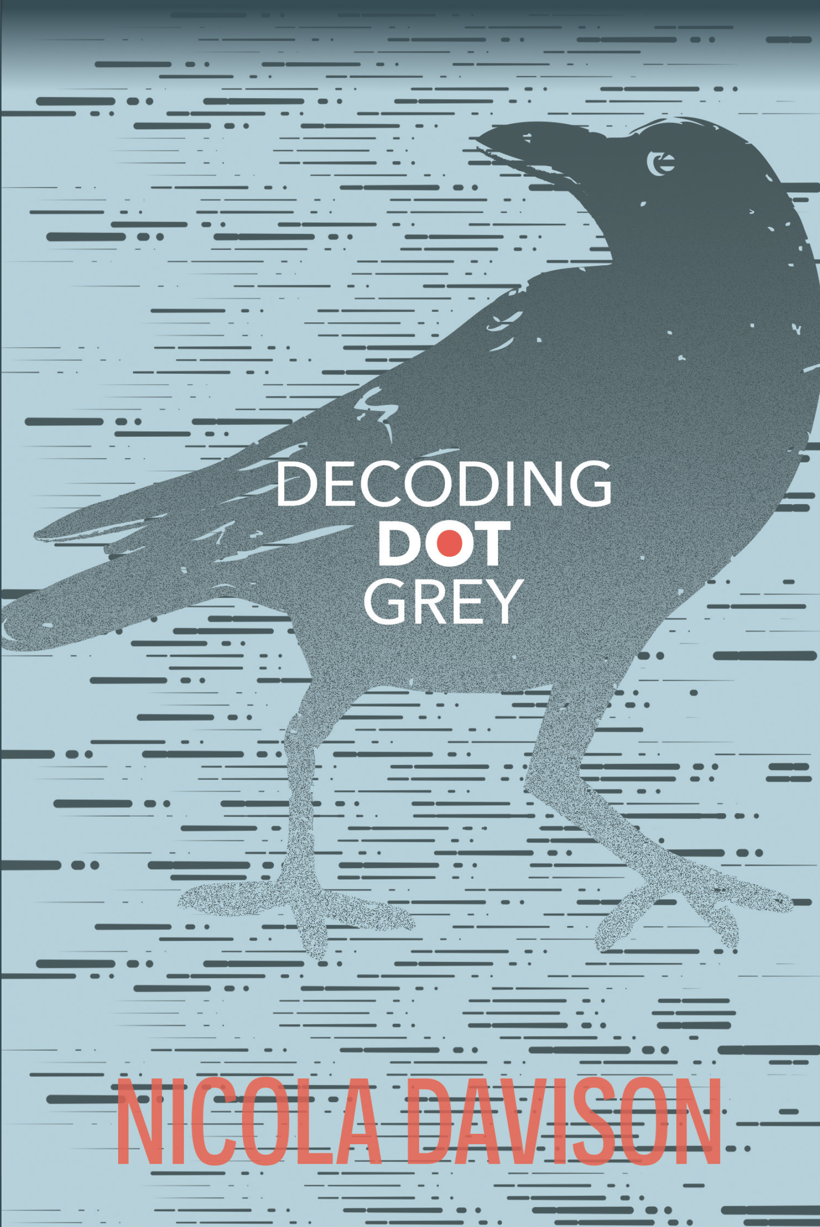 A pale blue book cover with an illustration of a crow overlayed on a background of Morse code