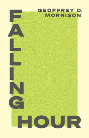 The cover of the book Falling Hour: a pale yellow border encloses a light-green grassy surface; the title of the book is in large capital letters, with the word "Falling" rendered vertically and the word "Hour" rendered horizontally. 