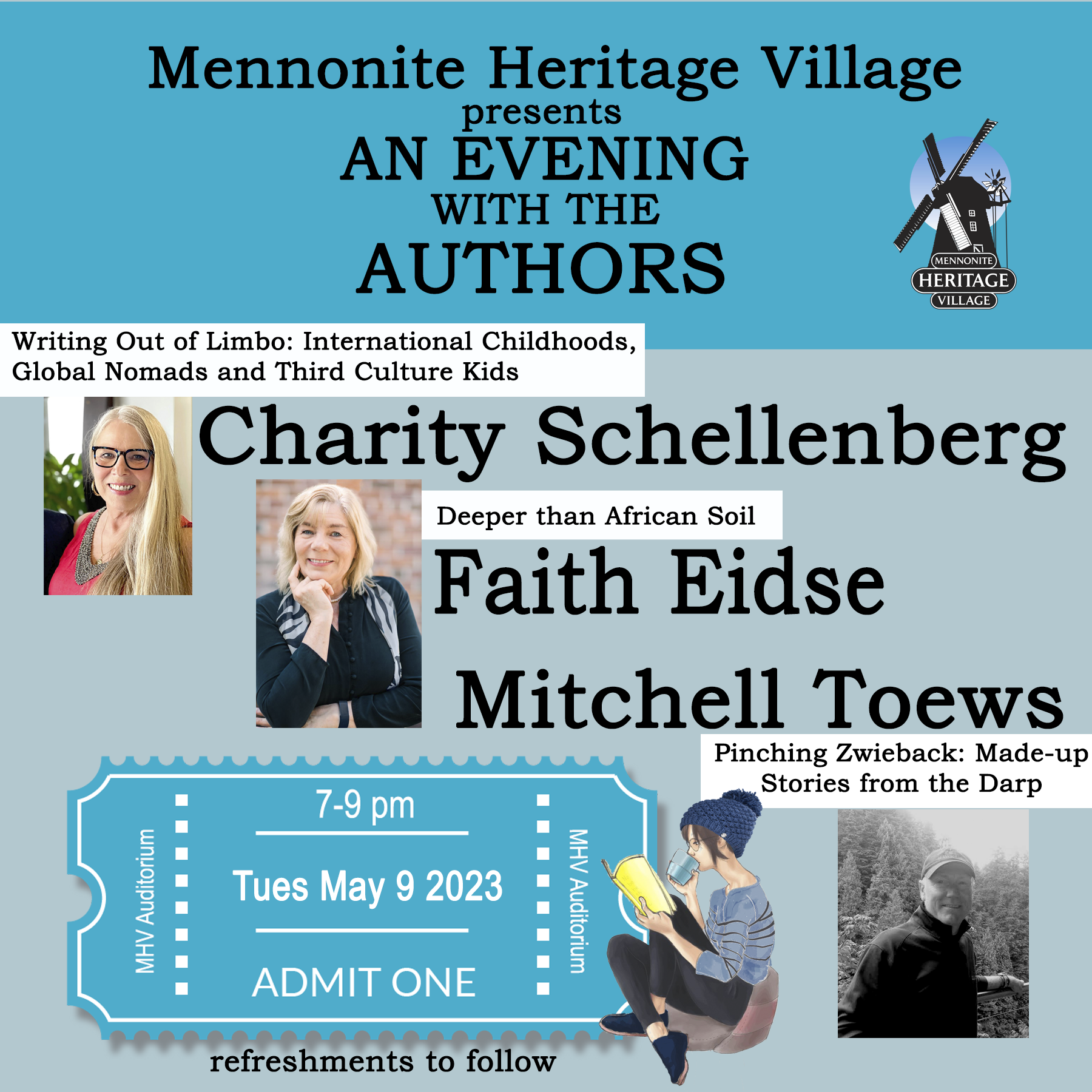 Poster for authors Faith Eidse, Charity Schellenberg, and Mitchell Toews