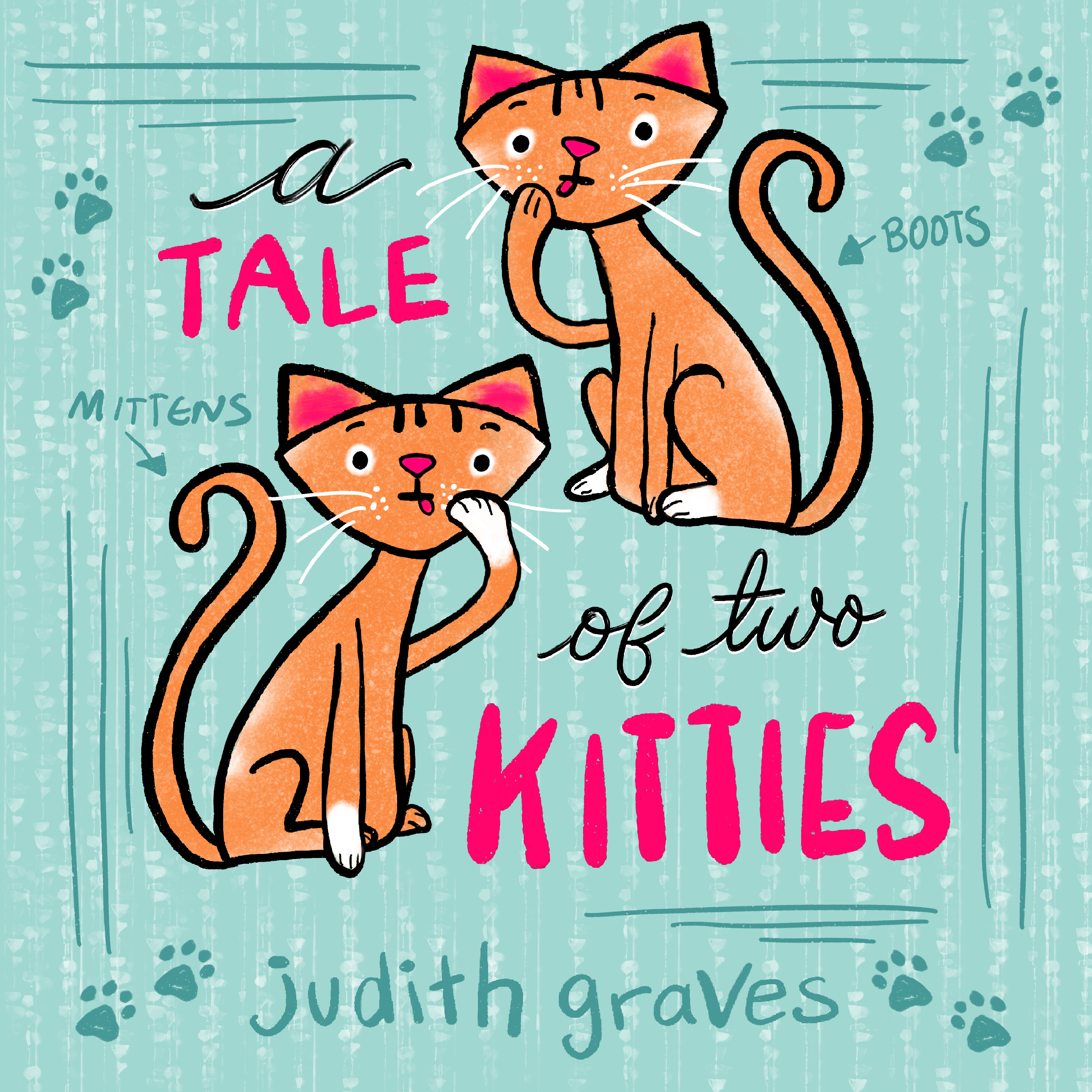 Cover featuring two illustrated cats staring out at reader, while licking their paws.