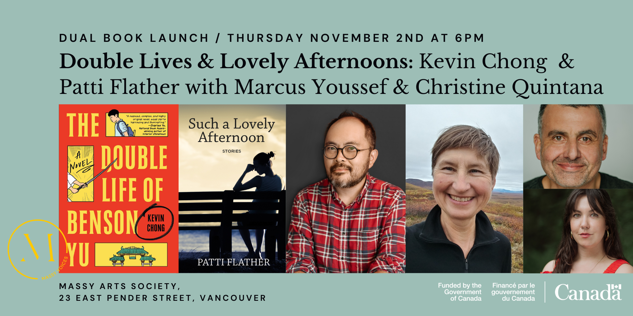 Book covers for The Double Lives of Benson Yu, & Such A Lovely Afternoon. Photographs of authors Kevin Chong & Patti Flather, & playwrights Marcus Youssef & Christine Quintana