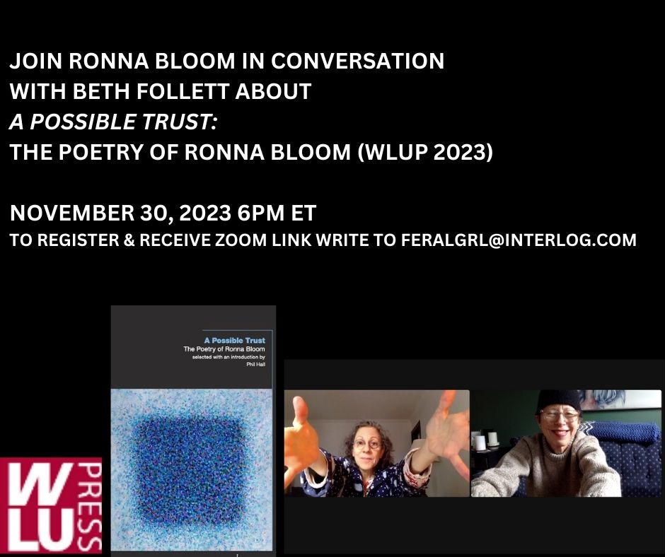 The text invites you to an online conversation between Beth Follett and Ronna Bloom online on November 30 6PM ET. Photo of Ronna and Beth in a zoom call, Ronna on left with arms outstretched, Beth on right with a big grin. Book cover on the lower left.