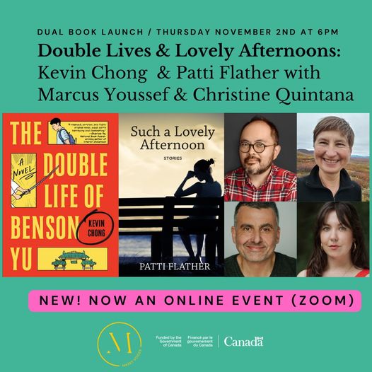 Photographs of book covers: The Double Life of Benson Yu by Kevin Chong; Such A Lovely Afternoon by Patti Flather; author photographs of Kevin Chong, Patti Flather, Christine Quintana, Marcus Youssef