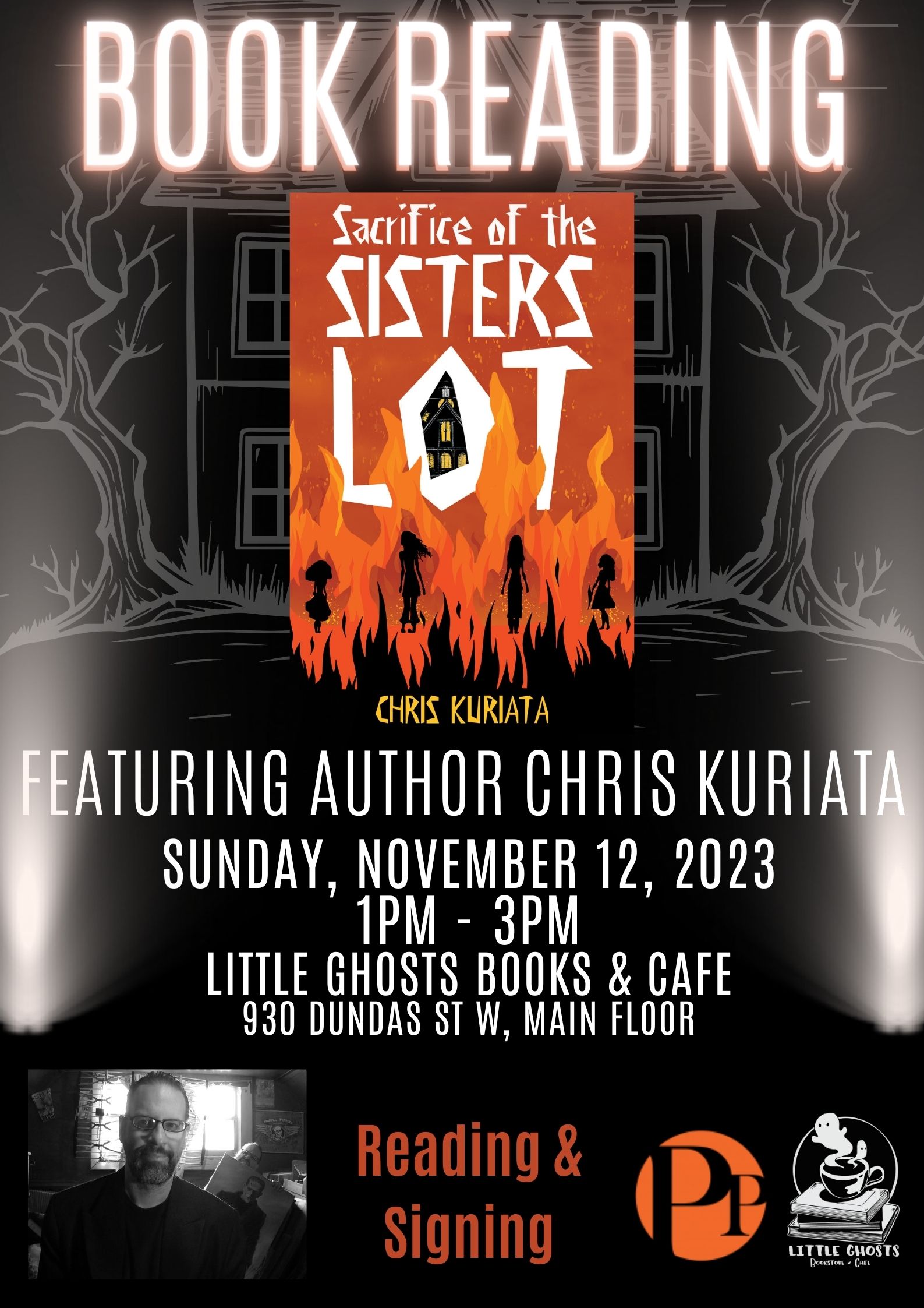 Book Cover and Author Photo, Book Cover Shows Silhouette Of Four Girls Against Ominous Wall Of Flames