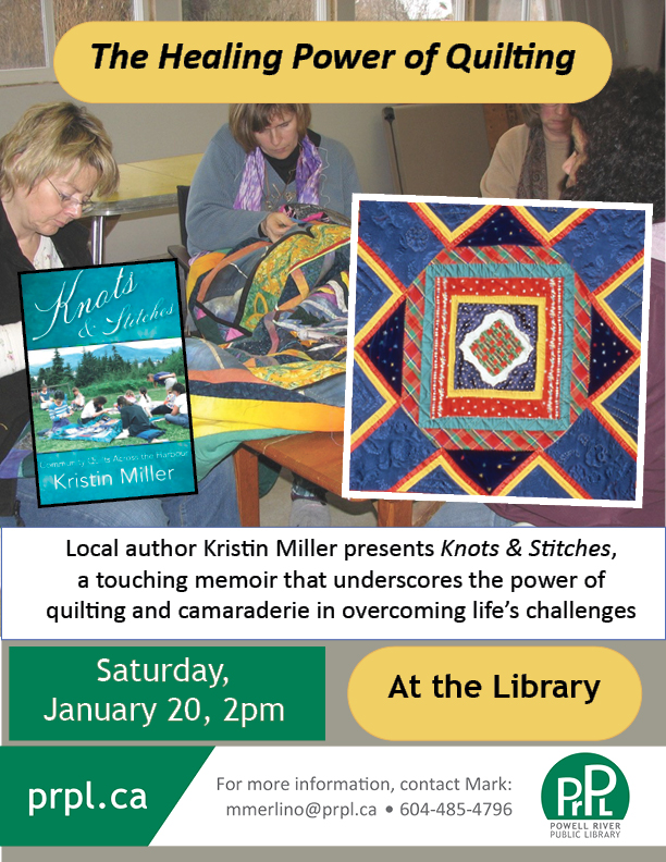 Notice for author reading and slideshow 01-20-24 by Kristin Miller author of 'Knots and Stitches'.