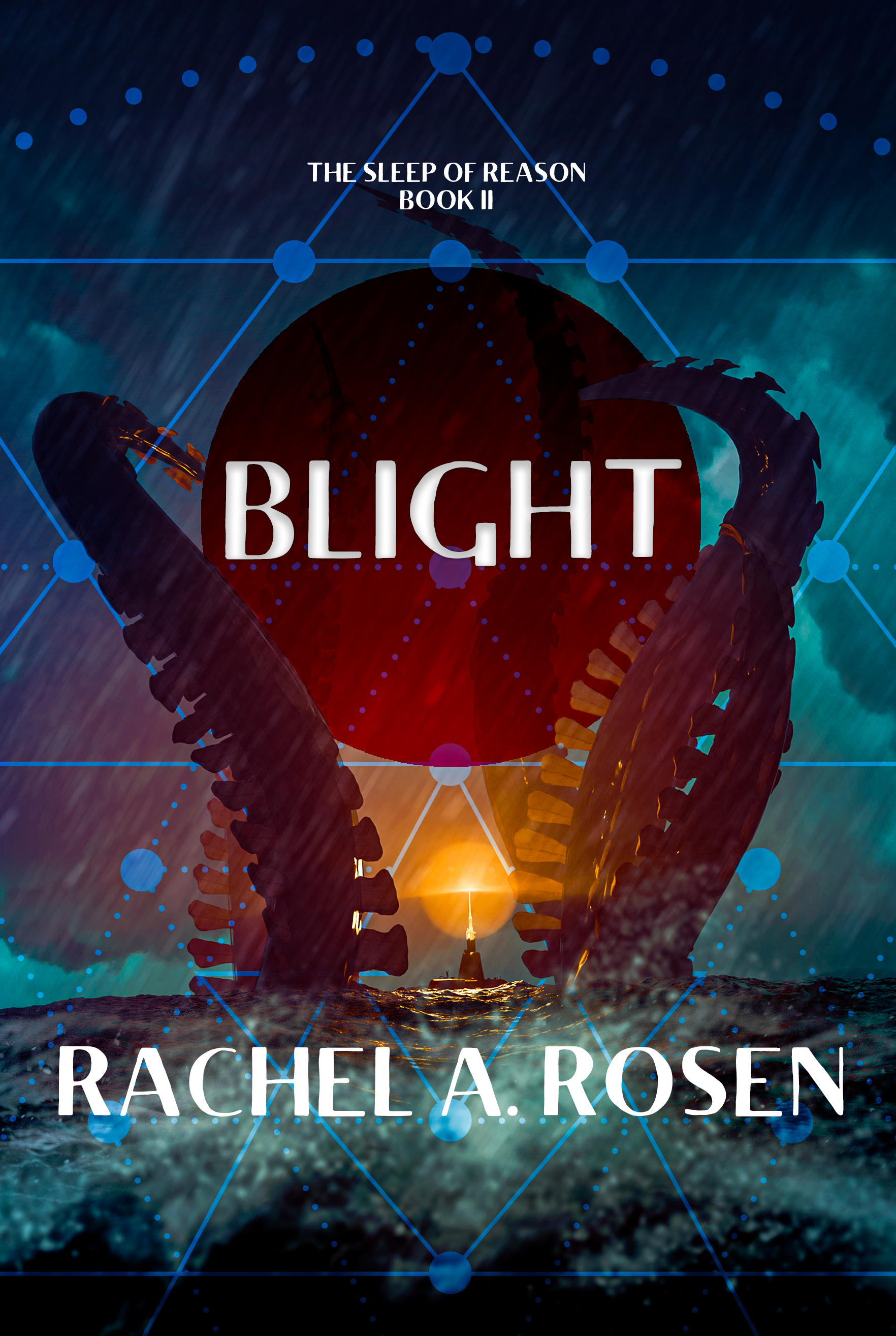 blight by rachel a.rosen. Depicts a submarine in turbulent seas beset by giant tentacles.