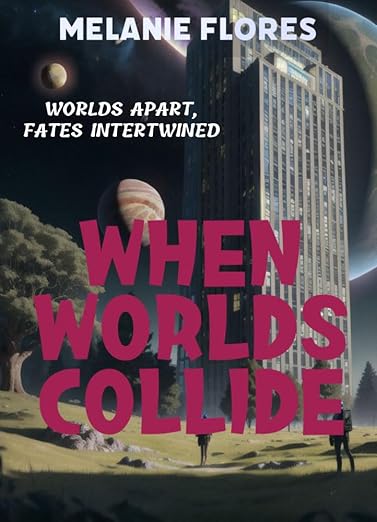 Book cover depicting the contrast of a lush tree on the left, and a monstrous concrete high rise on on the right. Emerald planets are seen in the background and two people in the foreground. the right
