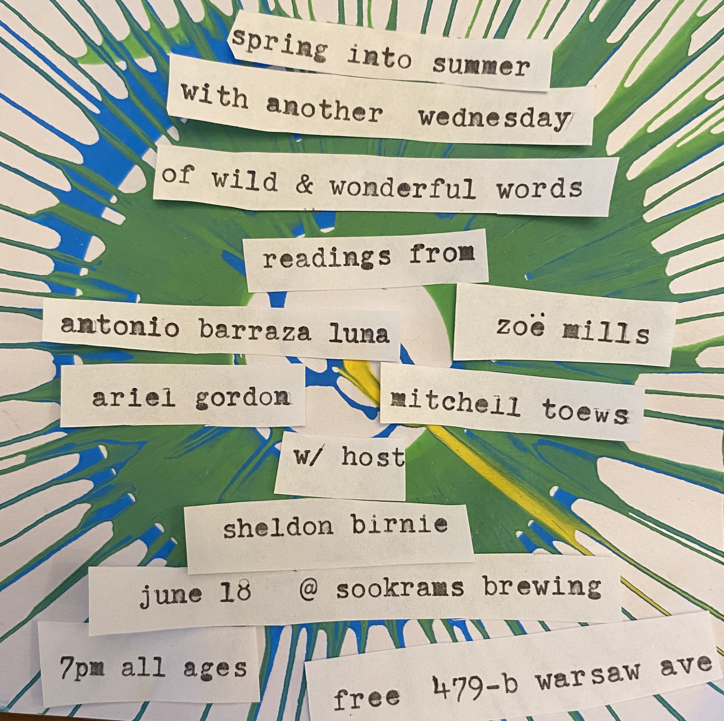 A poster announcing a literary reading in Winnipeg, MB, June 18 at 7 PM. Free admission, all ages welcome. Five Manitoba authors will read from their work at the venue: Sookrams Brewing, 479-b Warsaw Avenue.