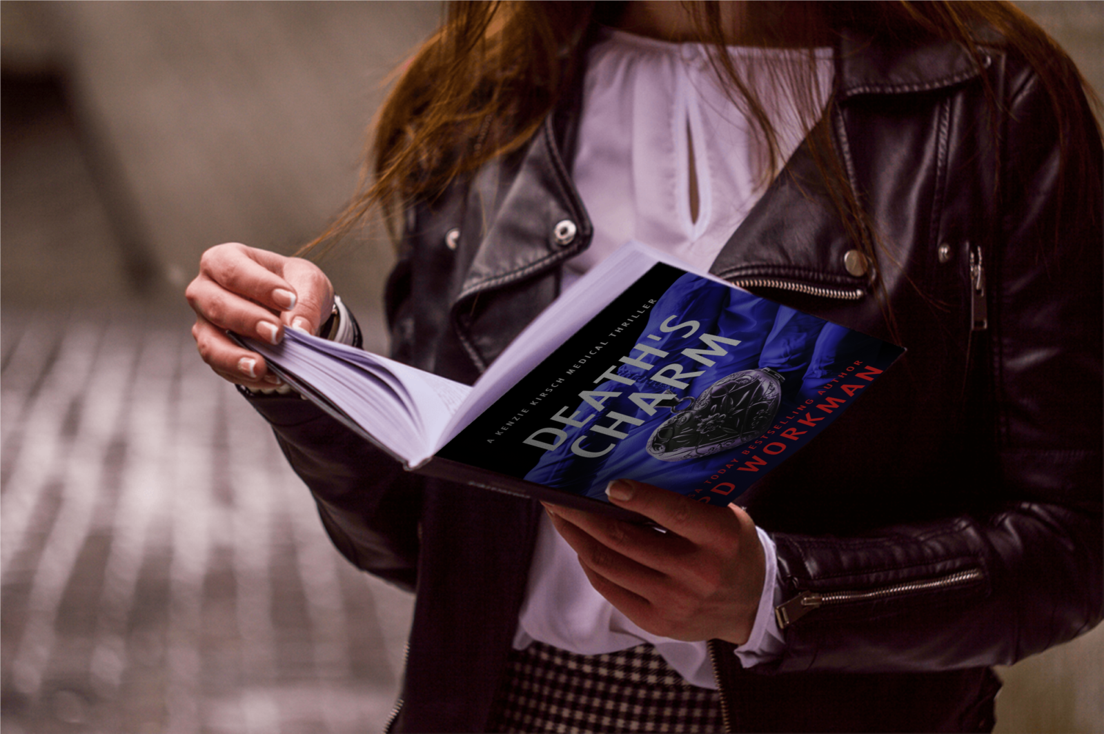 woman reading medical thriller Death's Charm by P.D. Workman
