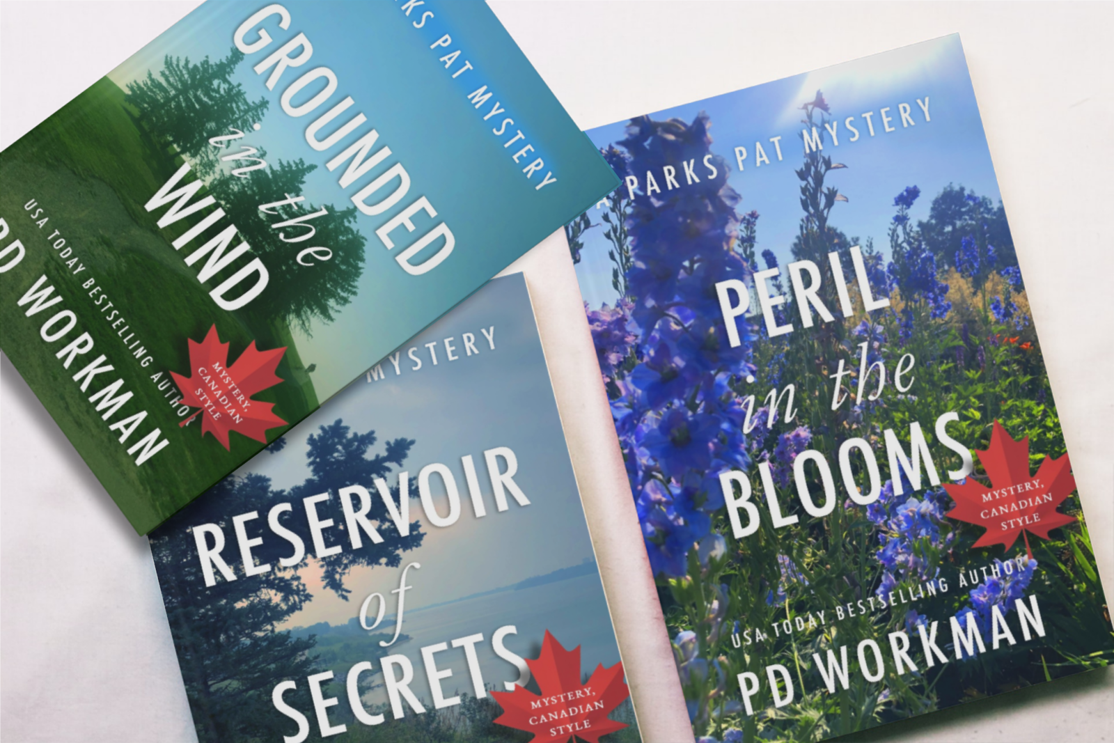 Three new Parks Pat Mysteries books: Grounded in the Wind, Reservoir of Secrets, and Peril in the Blooms