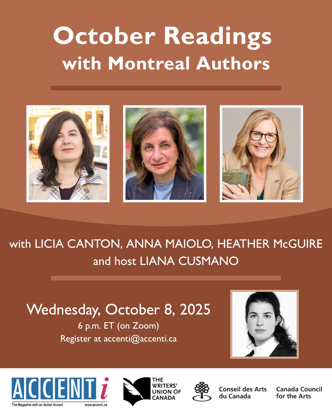 October Readings with Licia Canton, Anna Maiolo, Heather McGuire. Hosted by Liana Cusmano. Get link at accenti@accenti.ca