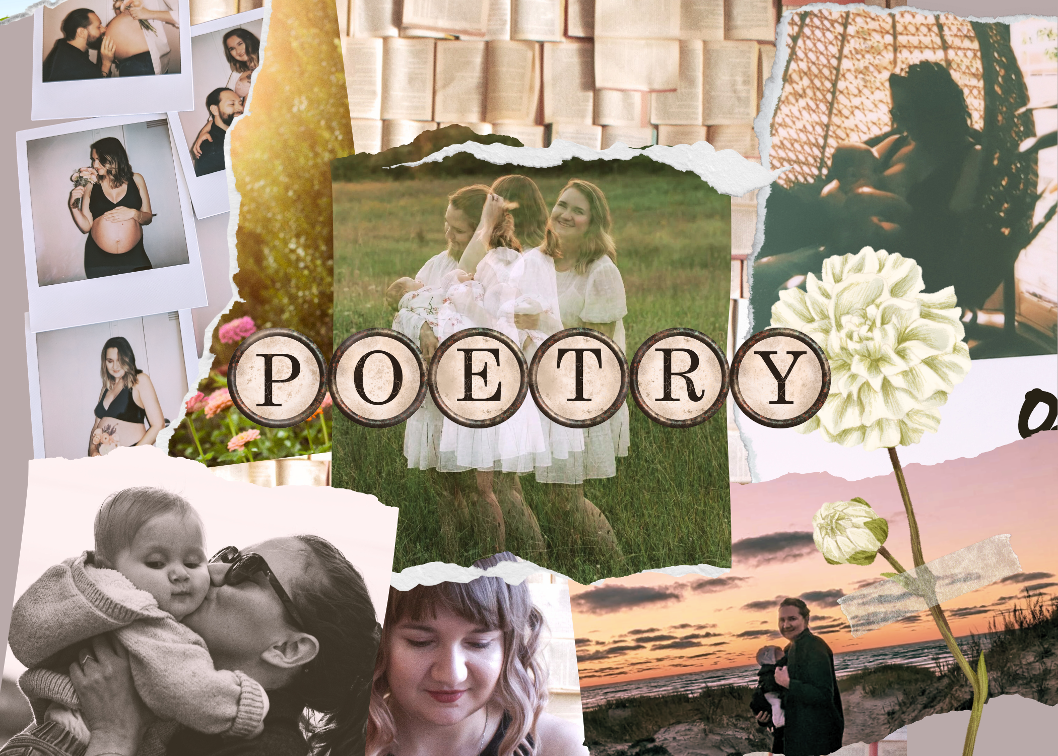 A decorative collage of matrescence-themed family photos with typewriter keys reading POETRY overlaid on top.