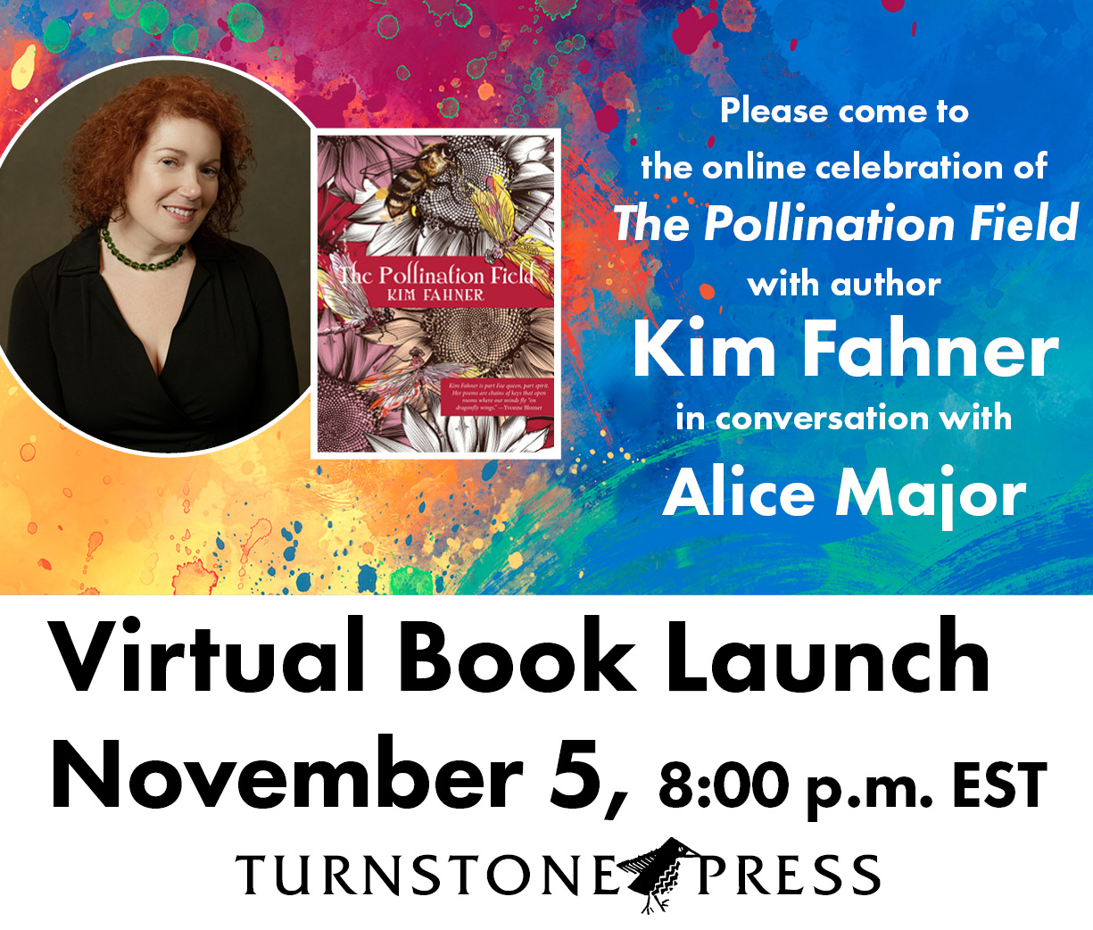 A photo of the author, alongside the date and time of virtual launch for The Pollination Field.