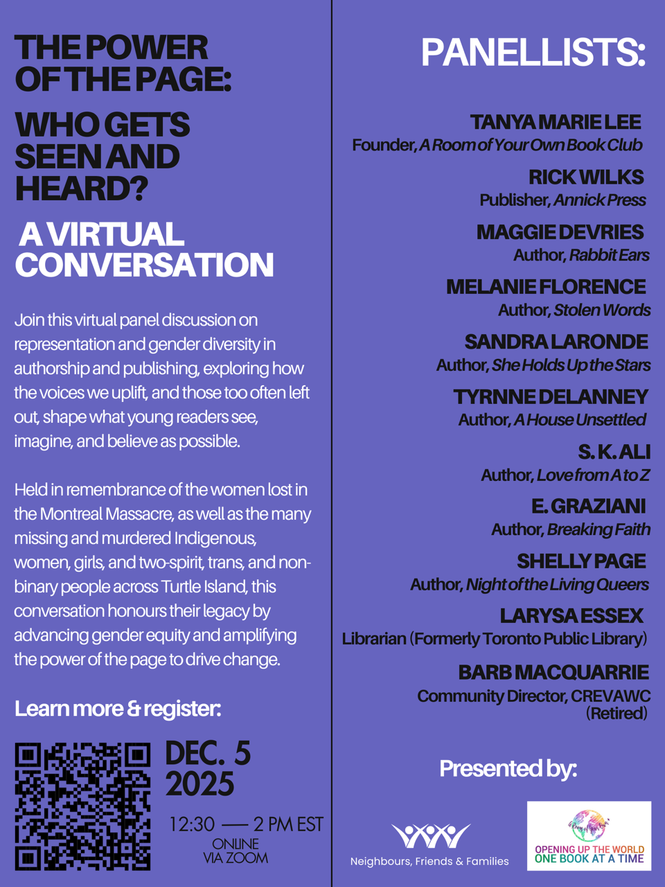 Text on a purple background giving information about a virtual discussion entitled The Power of the Page.