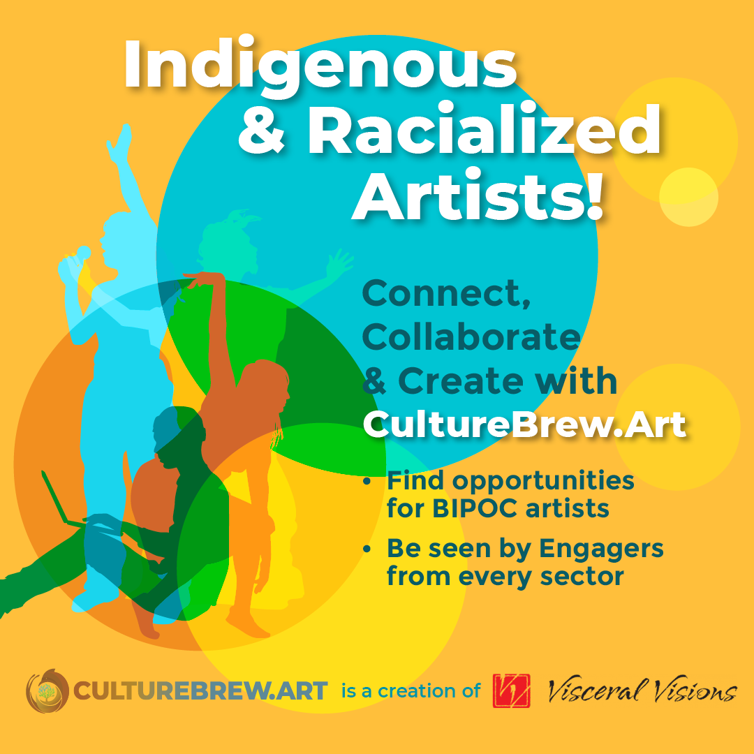 Graphic poster with silhouettes of artists on a warm orange background. Text reads: “Indigenous & Racialized Artists. Connect, collaborate, and create with CultureBrew.Art.”