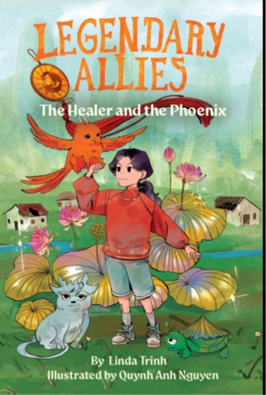 10-year old girl with black hair, wearing orange shirt and jean shorts with a baby phoenix perched on one arm. A baby lan and a baby turtle sit in front of the girl.