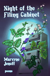 Plants rising out of a filing cabinet toward the moon.