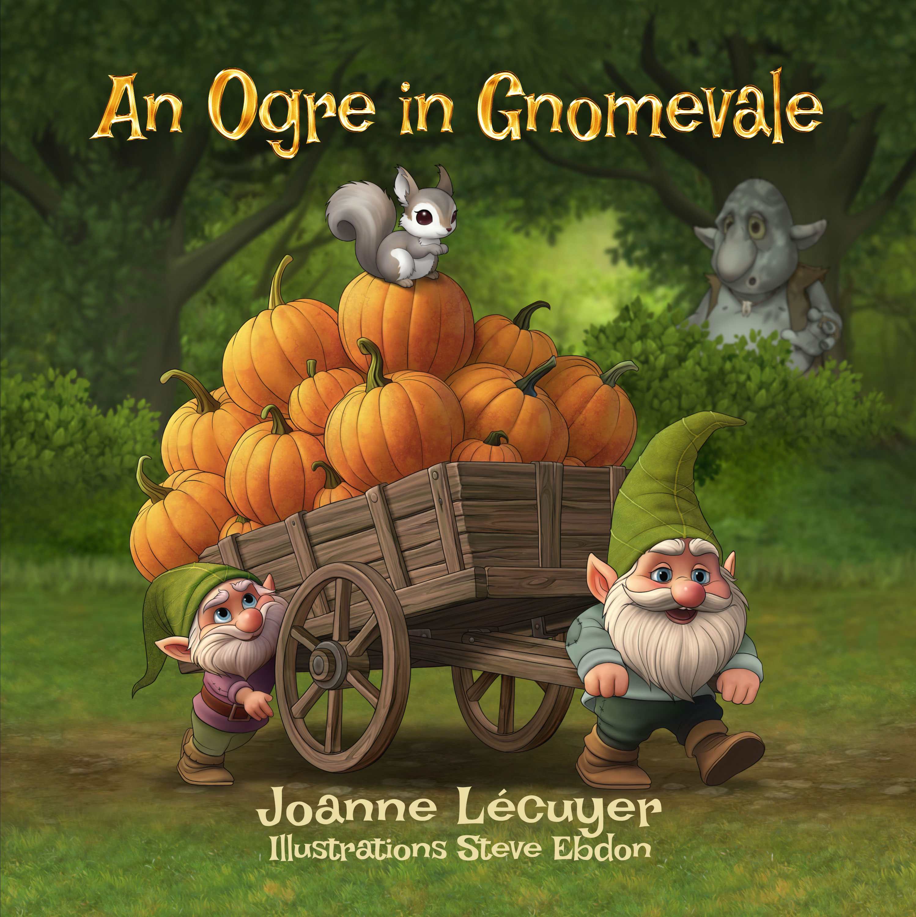 An ogre hiding in the bushes. Two gnomes pulling a cart full of pumpkins.