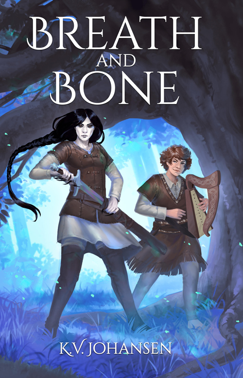 Cover of Breath and Bone: two women, one tall, ashy-skinned, drawing a sword, the second short, holding a harp and more human-seeming, in a forest.