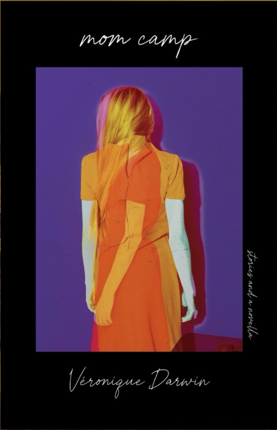 Two photos of a woman wearing an orange dress superimposed in 90 degree angles on a purple background with black border