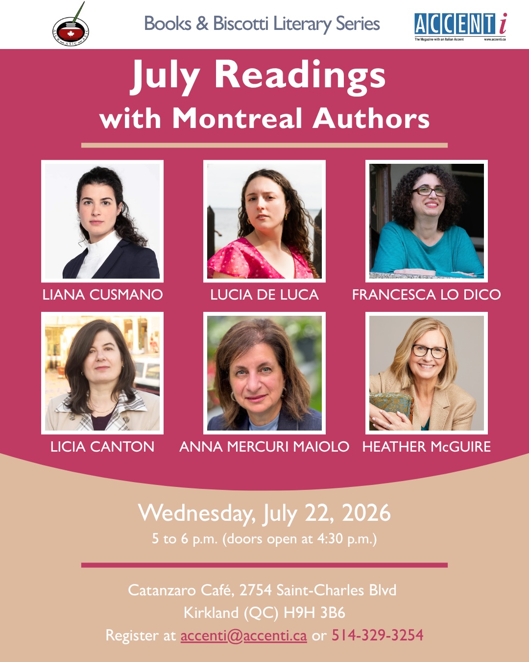 July Readings with Montreal authors LIANA CUSMANO, LUCIA DE LUCA, FRANCESCA LO DICO,  LICIA CANTON, ANNA MERCURI MAIOLO, HEATHER McGUIRE