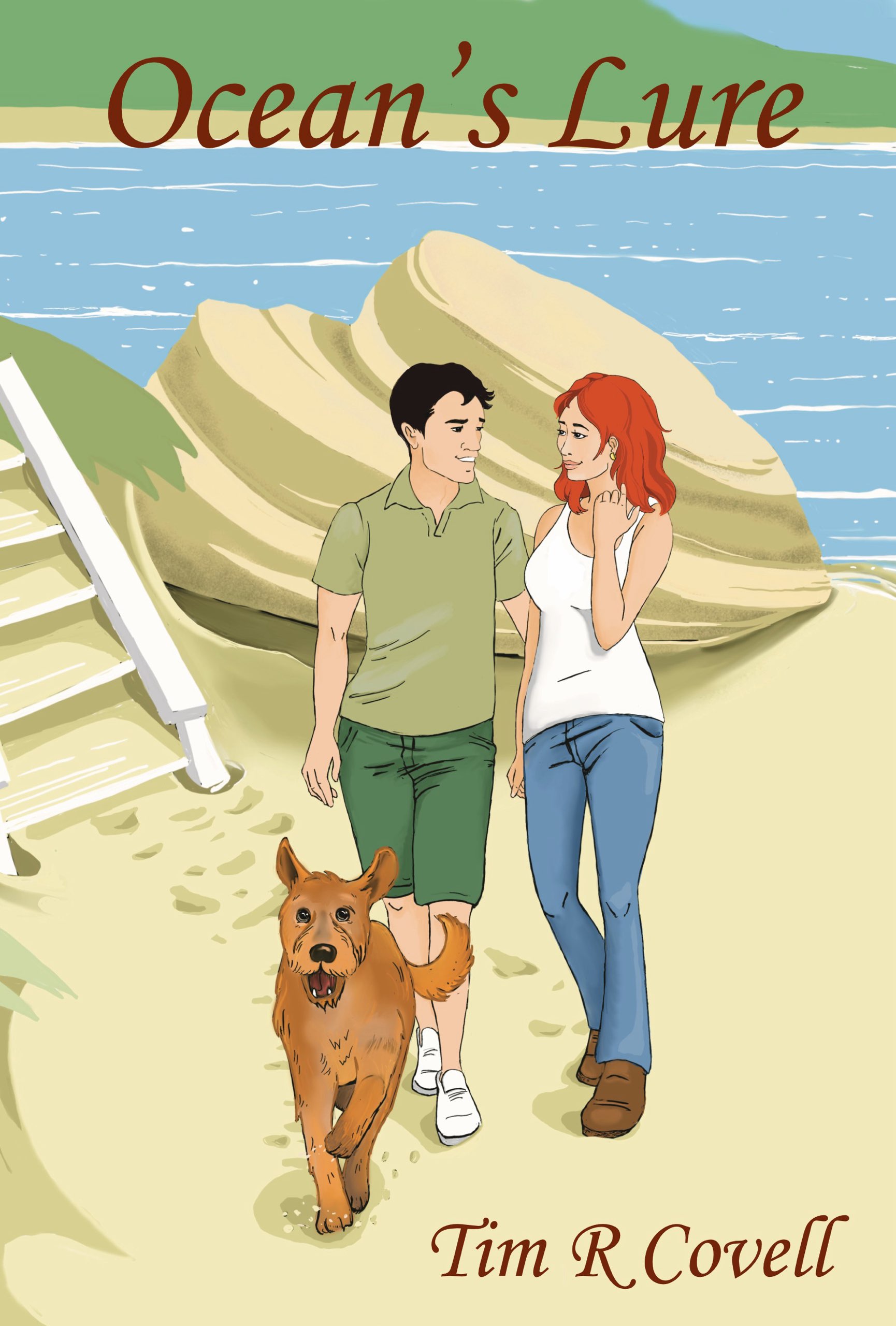 Book cover: Illustration of a man, woman, and dog walking along a beach.