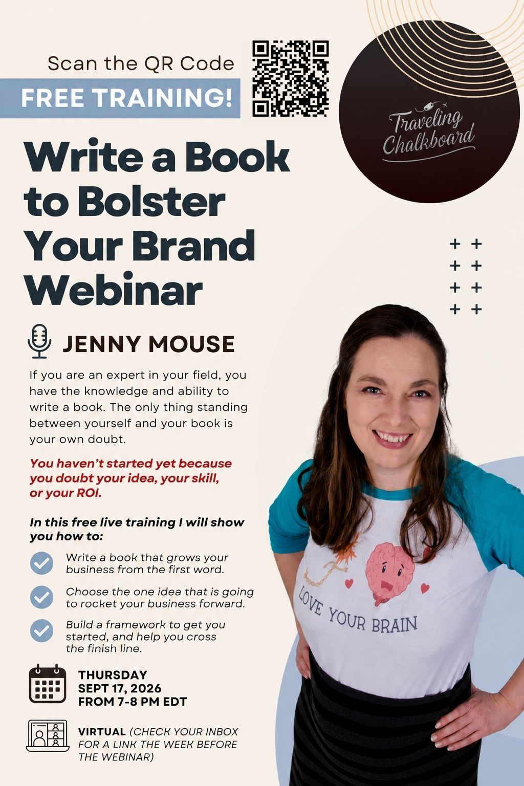 Promotional flyer for a free virtual training with Jenny Mouse titled “Write a Book to Bolster Your Brand.” The training is for experts who want to use a book to grow their business but haven’t started because they doubt their idea, skills, or return on investment. The training will cover how to write a book that grows your business, choose an idea that can move your business forward, and create a framework to get started and finish. The webinar takes place Thursday, September 17, 2026, from 7–8 p.m. EDT. A