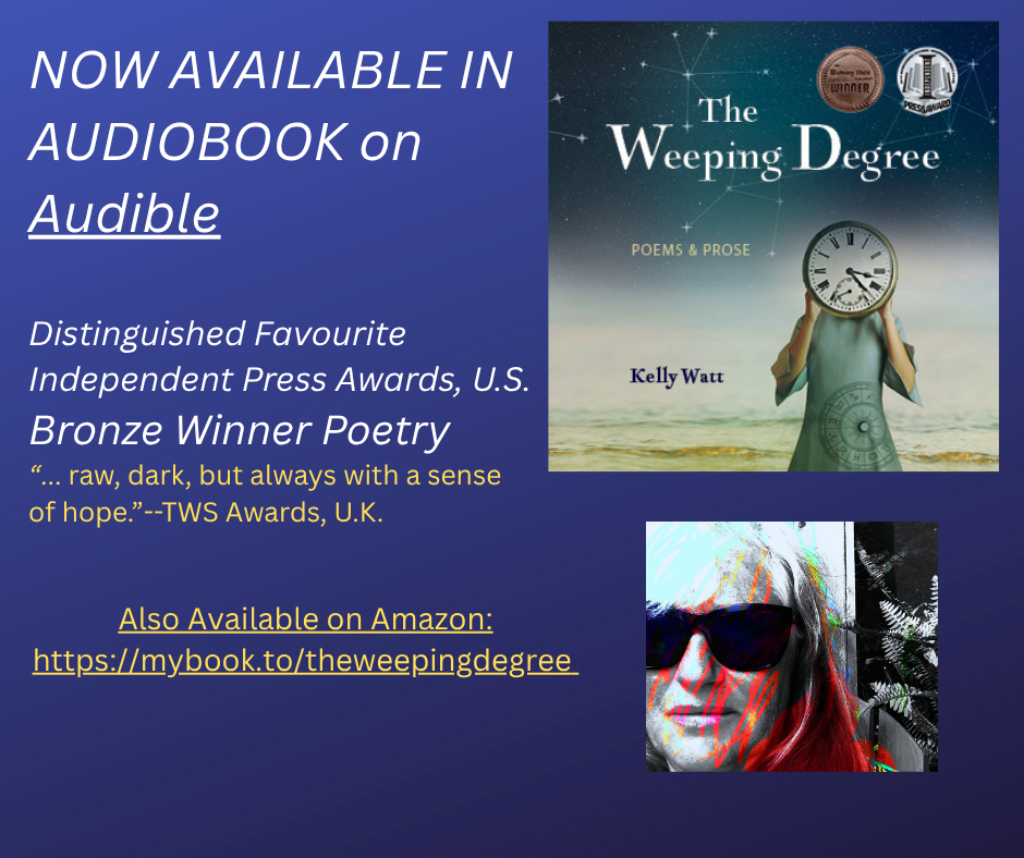 A poster announcing that the award-winning hybrid poetry and flash prose collection titled, The Weeping Degree, is now available in audiobook format with Audible and Amazon. Links are provided. 