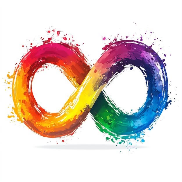 A rainbow-coloured infinity symbol painted in expressive brushstrokes and splashes of colour on a white background. The rainbow infinity symbol is commonly associated with neurodiversity,