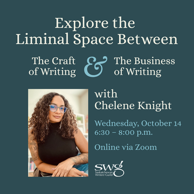 image of a woman with long curly hair on a blue background with the title Explore the Liminal Space Between The Craft of Writing & The Business of Writing with Chelene Knight