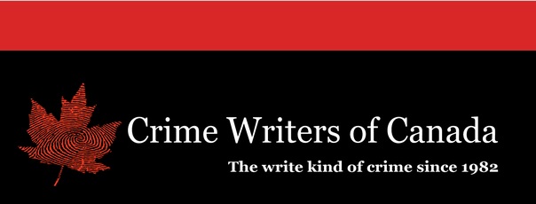 Background: a red line across the top of a black rectangle. At far left is a red maple leaf intersected with fingerprint-type black swooping lines. Title in large white font reads "Crime Writers of Canada". Under it in smaller white font reads "The write kind of crime since 1982"