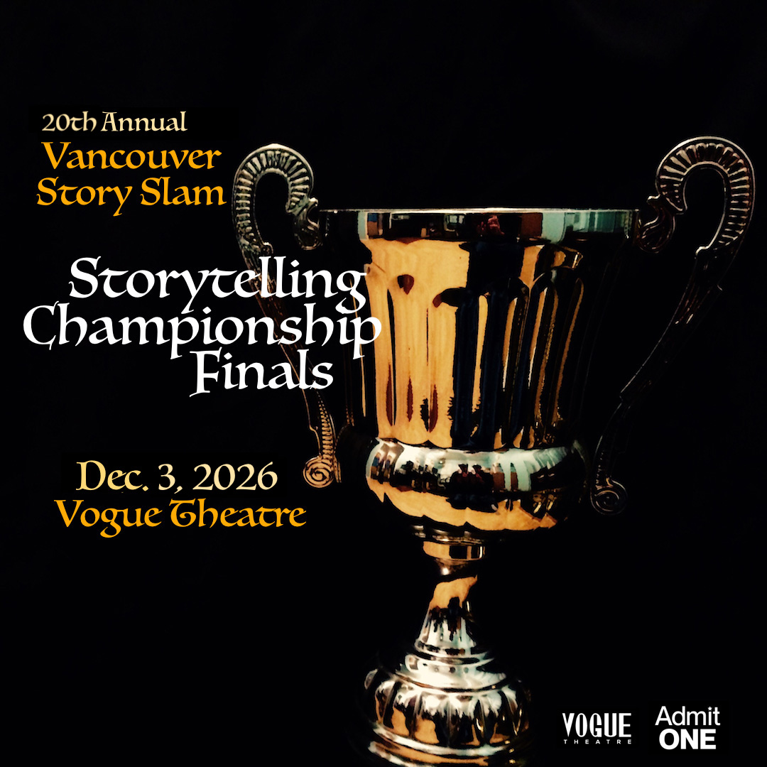 Poster shows the large storytelling trophy and the details of the 20th annual storytelling championship: Thursday December 3 2026 at the Vogue Theatre